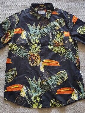 Hurley Floral Woven Shirt featuring black toucan and pineapple print Men Size L